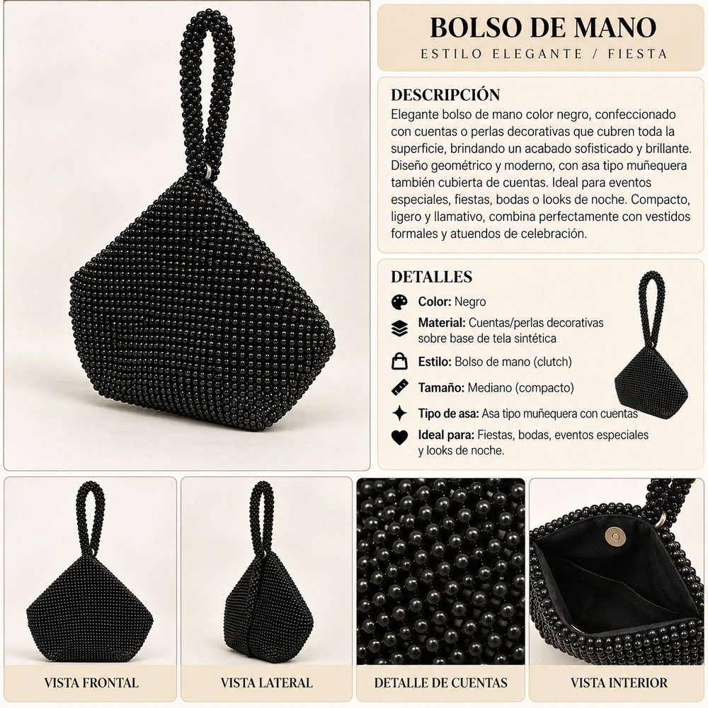 Elegante bolso de mano tipo clutch en color negro,